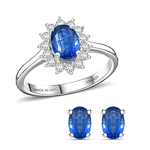 D'Joy Premium Kashmir Kyanite, White Zircon Ring (Size 6.0) and Earrings in Platinum Over Sterling Silver 2.80 ctw
