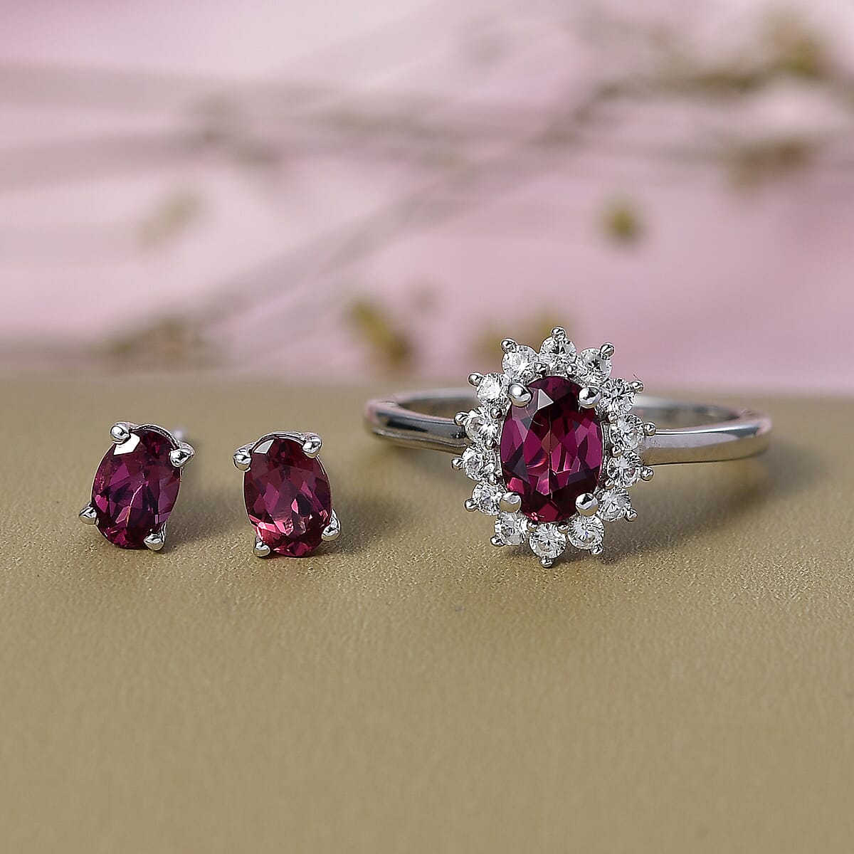 D'Joy Premium Tanzanian Wine Garnet and White Zircon 2.65 ctw Ring (Size 8.0) and Earrings in Platinum Over Sterling Silver image number 1