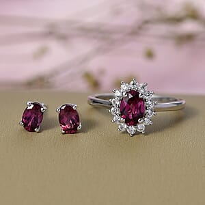 D'Joy Premium Tanzanian Wine Garnet and White Zircon 2.65 ctw Ring (Size 8.0) and Earrings in Platinum Over Sterling Silver