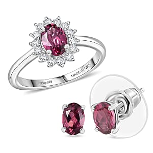 D'Joy Premium Tanzanian Wine Garnet and White Zircon 2.65 ctw Ring (Size 9.0) and Earrings in Platinum Over Sterling Silver