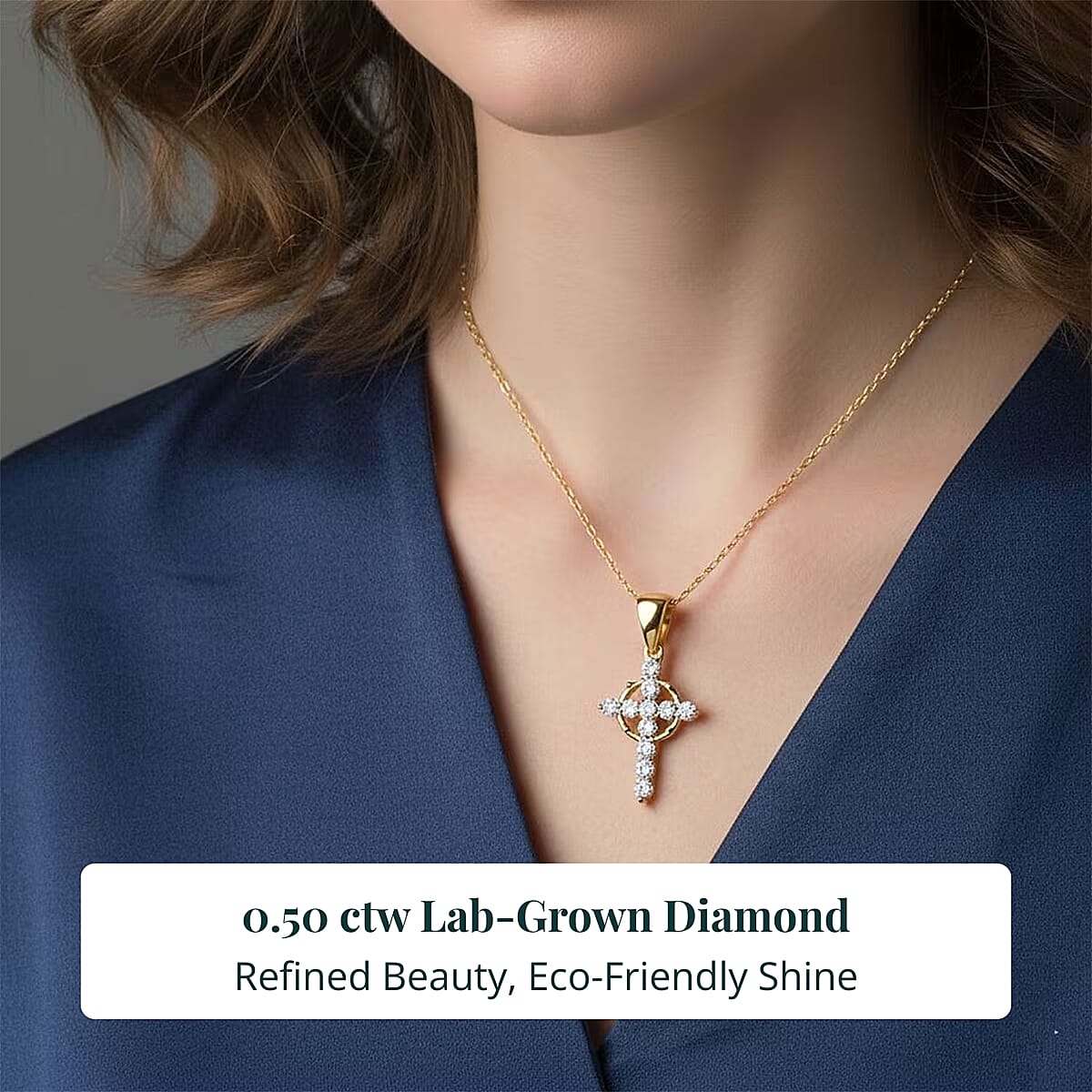 Doorbuster Luxuriant Lab Grown Diamond G-H SI 0.50 ctw Divine Cross Crown Pendant Necklace in 18K Vermeil Yellow Gold Over Sterling Silver 20 Inches image number 1