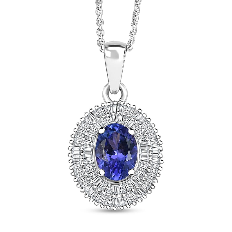 D'Joy AAA Tanzanite, Diamond Halo Pendant Necklace in Rhodium Over Sterling Silver 1.40 ctw (20 Inches)