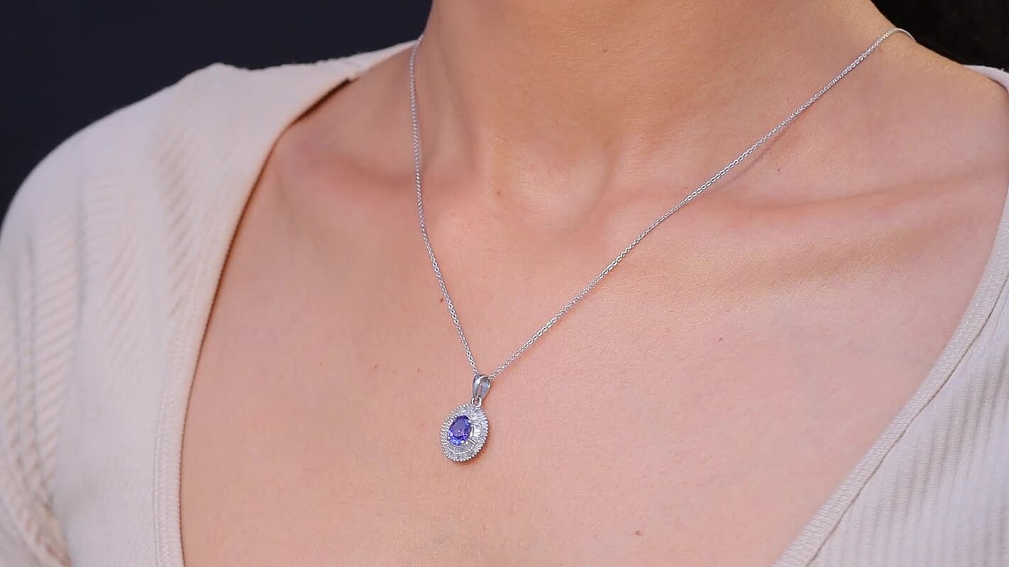 D'Joy AAA Tanzanite, Diamond Halo Pendant Necklace in Rhodium Over Sterling Silver 1.40 ctw (20 Inches)