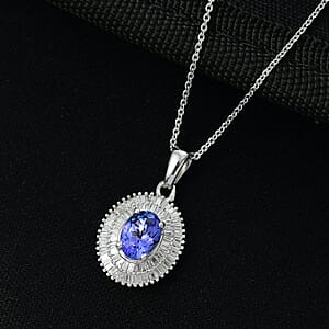 D'Joy AAA Tanzanite, Diamond Halo Pendant Necklace in Rhodium Over Sterling Silver 1.40 ctw (20 Inches)