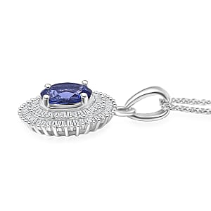 D'Joy AAA Tanzanite, Diamond Halo Pendant Necklace in Rhodium Over Sterling Silver 1.40 ctw (20 Inches)