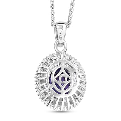 D'Joy AAA Tanzanite, Diamond Halo Pendant Necklace in Rhodium Over Sterling Silver 1.40 ctw (20 Inches)