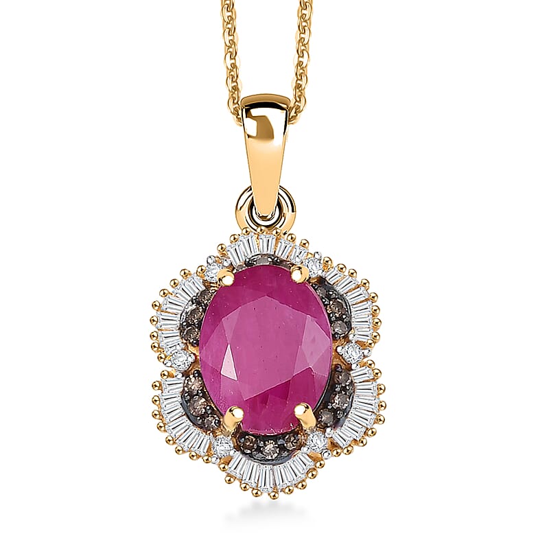 D'Joy AAA Royal Ruby, Natural Champagne and White Diamond 3.10 ctw Signature Spotlight Pendant Necklace in 18K Vermeil Yellow Gold Over Sterling Silver 20 Inches