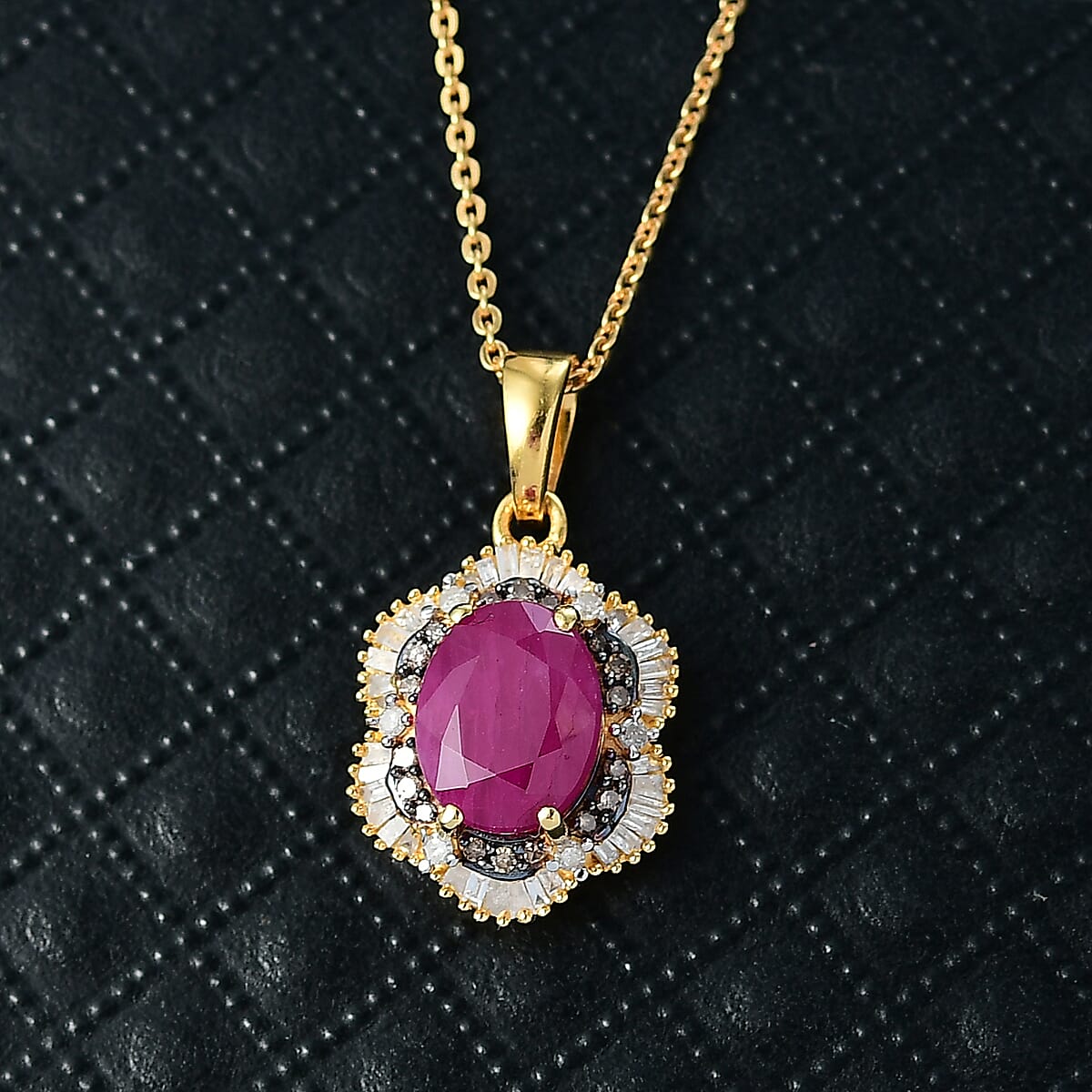 D'Joy AAA Royal Ruby, Natural Champagne and White Diamond 3.10 ctw Signature Spotlight Pendant Necklace in 18K Vermeil Yellow Gold Over Sterling Silver 20 Inches image number 1