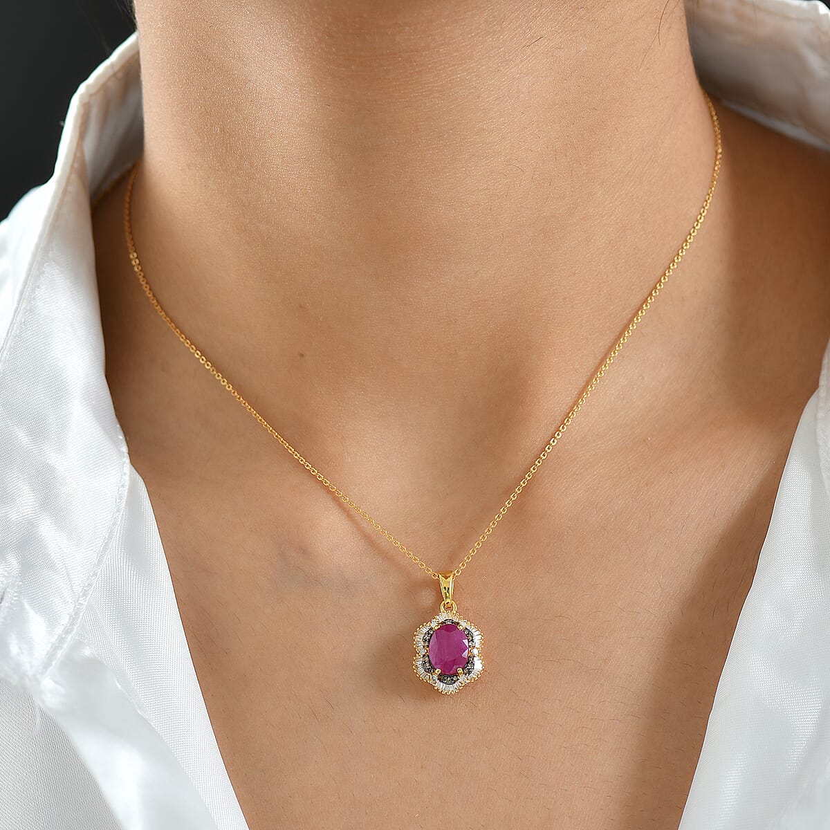 D'Joy AAA Royal Ruby, Natural Champagne and White Diamond 3.10 ctw Signature Spotlight Pendant Necklace in 18K Vermeil Yellow Gold Over Sterling Silver 20 Inches image number 2