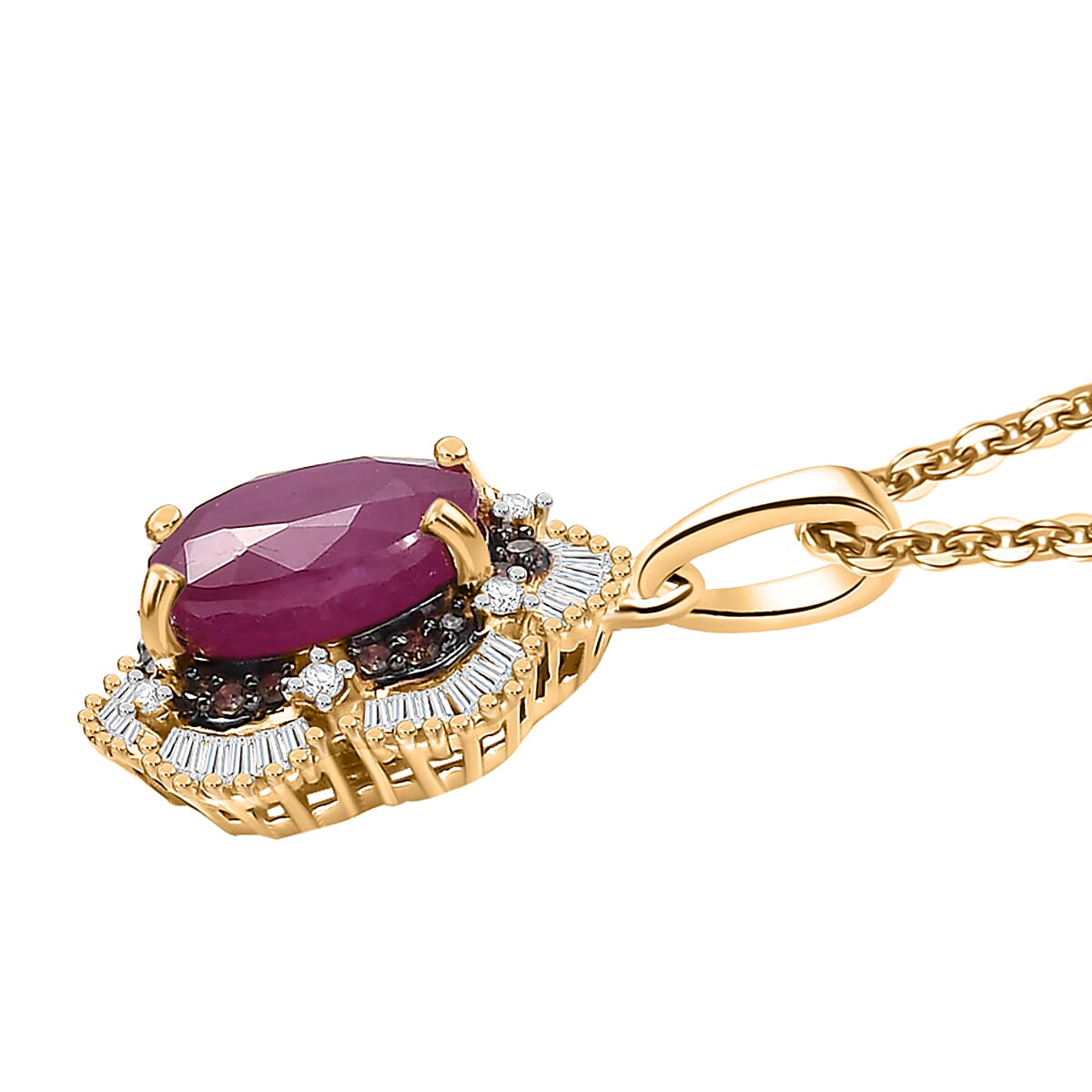 D'Joy AAA Royal Ruby, Natural Champagne and White Diamond 3.10 ctw Signature Spotlight Pendant Necklace in 18K Vermeil Yellow Gold Over Sterling Silver 20 Inches image number 3