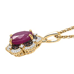 D'Joy AAA Royal Ruby, Natural Champagne and White Diamond 3.10 ctw Signature Spotlight Pendant Necklace in 18K Vermeil Yellow Gold Over Sterling Silver 20 Inches