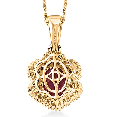 D'Joy AAA Royal Ruby, Natural Champagne and White Diamond 3.10 ctw Signature Spotlight Pendant Necklace in 18K Vermeil Yellow Gold Over Sterling Silver 20 Inches