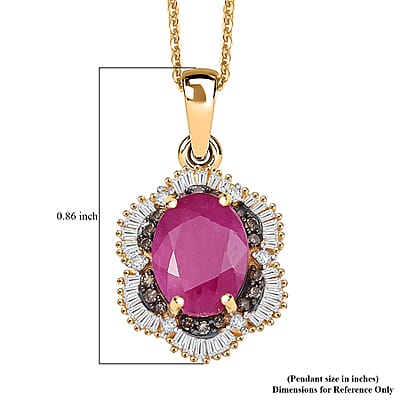 D'Joy AAA Royal Ruby, Natural Champagne and White Diamond 3.10 ctw Signature Spotlight Pendant Necklace in 18K Vermeil Yellow Gold Over Sterling Silver 20 Inches