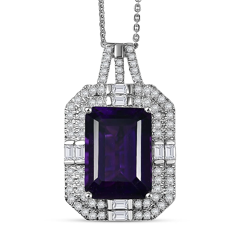 D'Joy Lusaka Amethyst, Moissanite Pendant Necklace in Rhodium Over Sterling Silver 8.50 ctw (20 Inches)