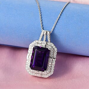 D'Joy Lusaka Amethyst, Moissanite Pendant Necklace in Rhodium Over Sterling Silver 8.50 ctw (20 Inches)