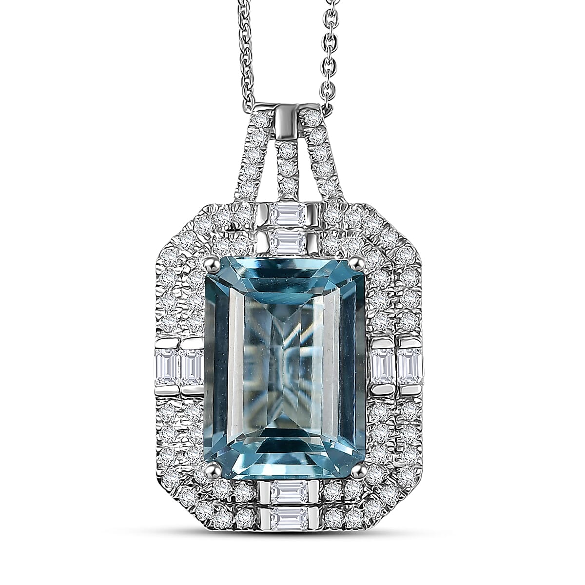 Doorbuster D'Joyy  Sky Blue Topaz and Moissanite 9.40 ctw Crowned Oracle Pendant Necklace in Rhodium Over Sterling Silver 20 Inches  image number 0