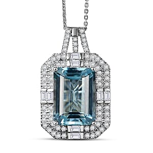 Doorbuster D'Joyy  Sky Blue Topaz and Moissanite 9.40 ctw Crowned Oracle Pendant Necklace in Rhodium Over Sterling Silver 20 Inches 