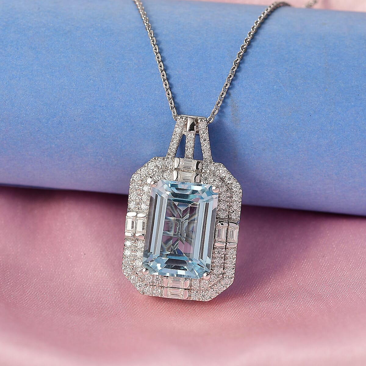 Doorbuster D'Joyy  Sky Blue Topaz and Moissanite 9.40 ctw Crowned Oracle Pendant Necklace in Rhodium Over Sterling Silver 20 Inches  image number 1