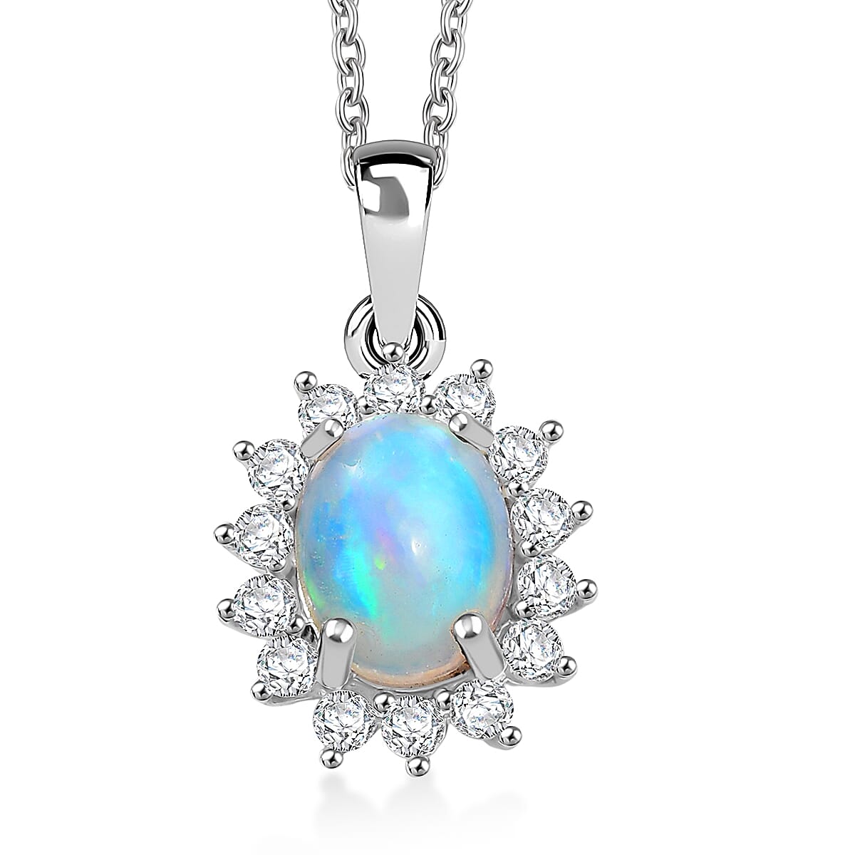 D'Joy Premium Ethiopian Welo Opal and White Zircon 1.90 ctw Pendant in Platinum Over Sterling Silver with Stainless Steel Necklace 20 Inches image number 0