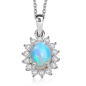 D'Joy Premium Ethiopian Welo Opal and White Zircon 1.90 ctw Pendant in Platinum Over Sterling Silver with Stainless Steel Necklace 20 Inches
