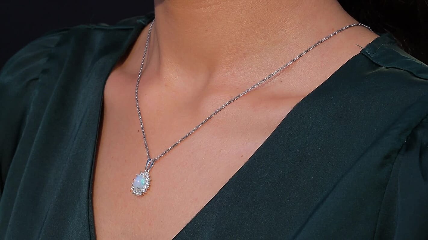 D'Joy Ethiopian Welo Opal, White Zircon Pendant in Platinum Over Sterling Silver with Stainless Steel Necklace 1.90 ctw (20 Inches)