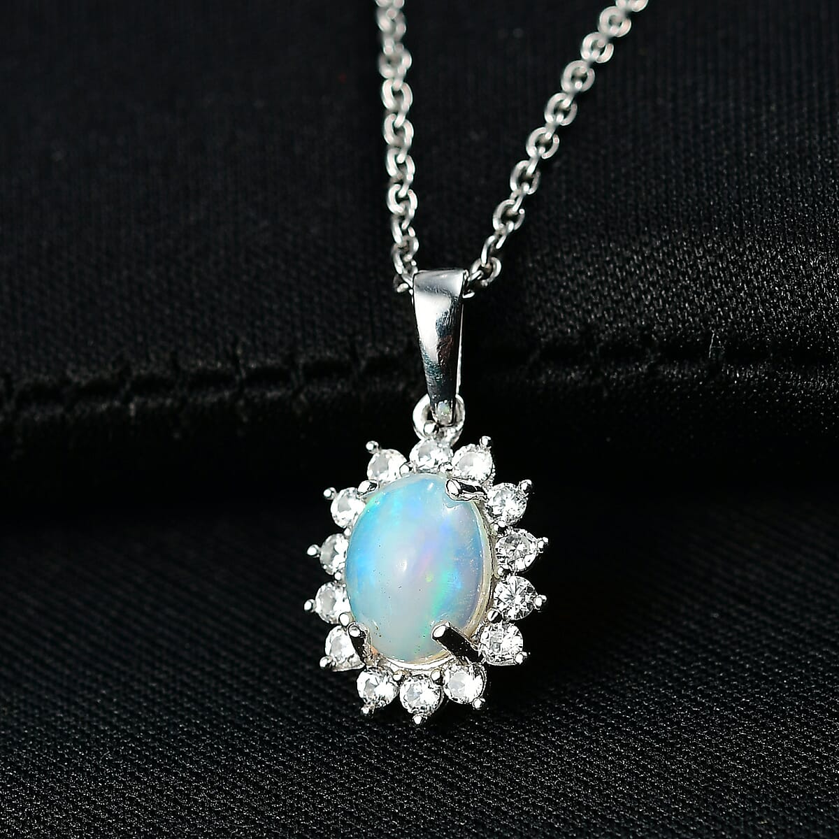 D'Joy Premium Ethiopian Welo Opal and White Zircon 1.90 ctw Pendant in Platinum Over Sterling Silver with Stainless Steel Necklace 20 Inches image number 1