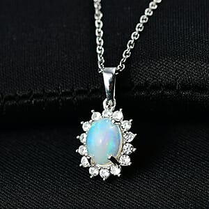 D'Joy Ethiopian Welo Opal, White Zircon Pendant in Platinum Over Sterling Silver with Stainless Steel Necklace 1.90 ctw (20 Inches)