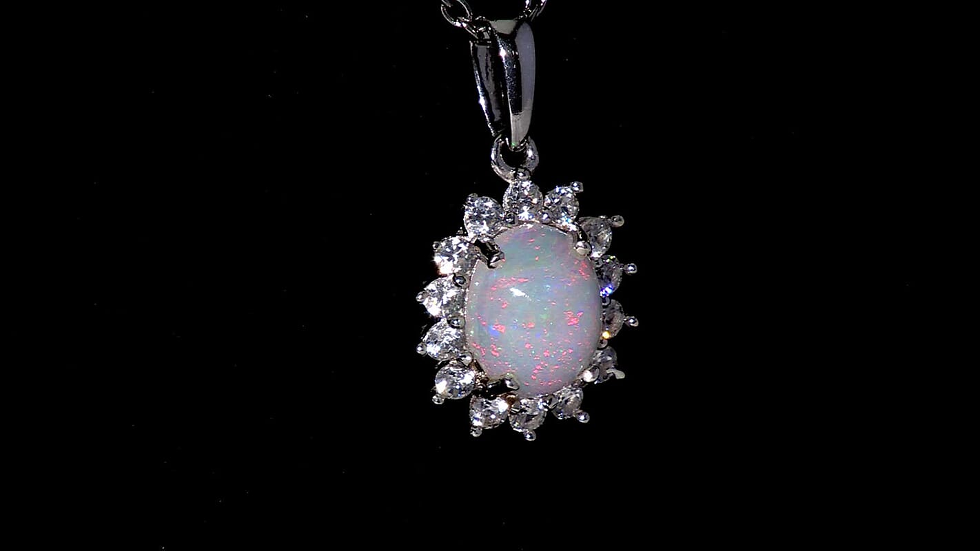 D'Joy Ethiopian Welo Opal, White Zircon Pendant in Platinum Over Sterling Silver with Stainless Steel Necklace 1.90 ctw (20 Inches)
