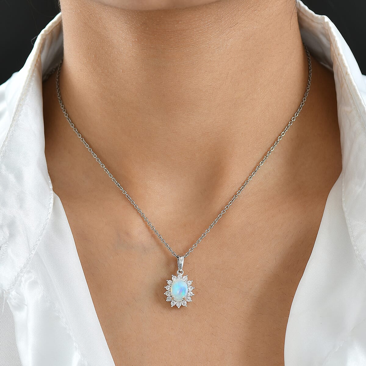 D'Joy Premium Ethiopian Welo Opal and White Zircon 1.90 ctw Pendant in Platinum Over Sterling Silver with Stainless Steel Necklace 20 Inches image number 2