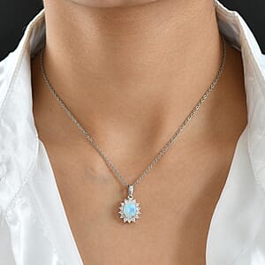 D'Joy Ethiopian Welo Opal, White Zircon Pendant in Platinum Over Sterling Silver with Stainless Steel Necklace 1.90 ctw (20 Inches)