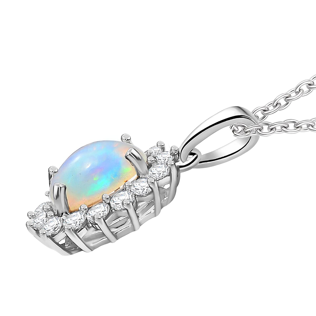 D'Joy Premium Ethiopian Welo Opal and White Zircon 1.90 ctw Pendant in Platinum Over Sterling Silver with Stainless Steel Necklace 20 Inches image number 3