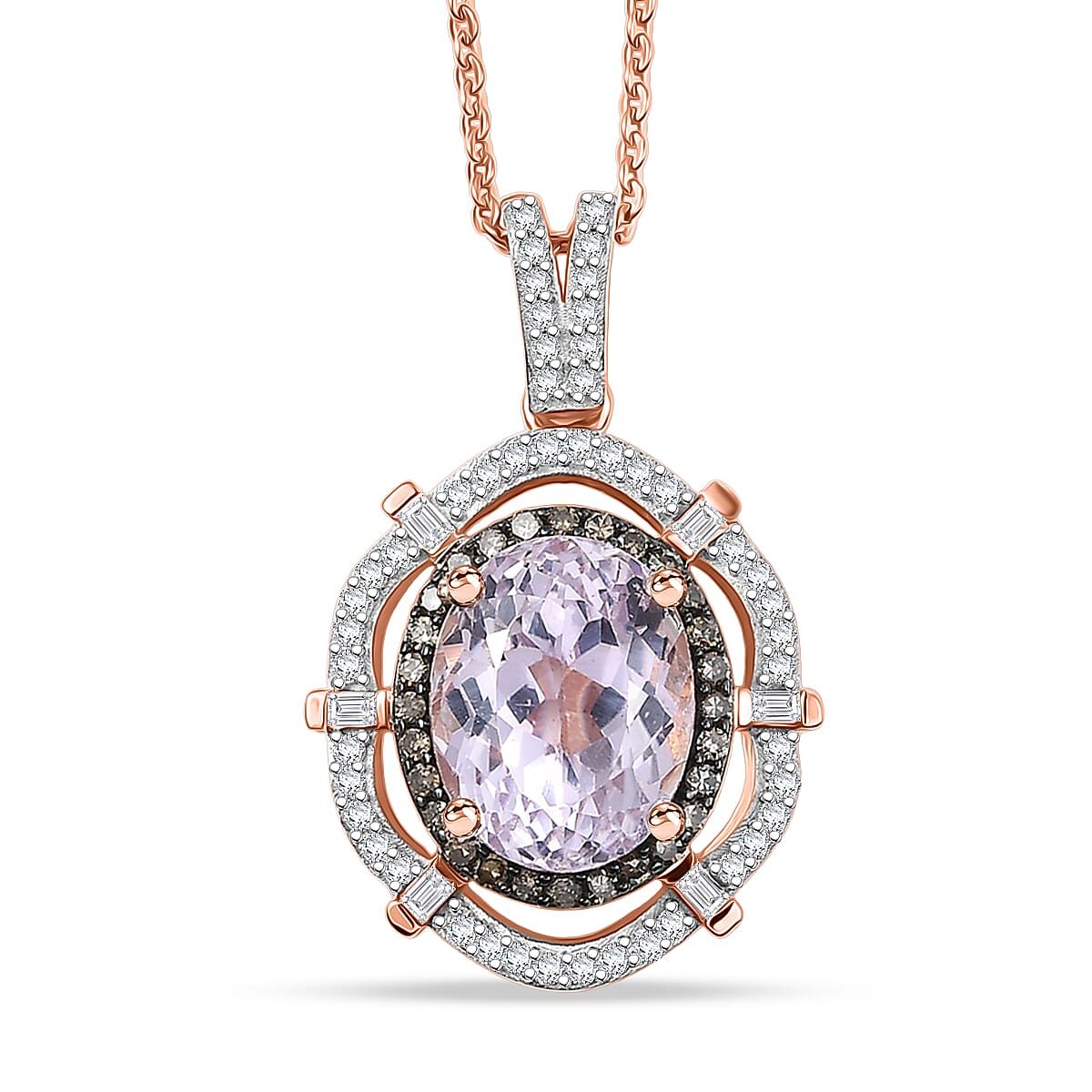 D'Joy Premium Martha Rocha Kunzite, Natural Diamond Radial Architecture Pendant Necklace in 18K Vermeil RG Over Sterling Silver 4.00 ctw (20 Inches)