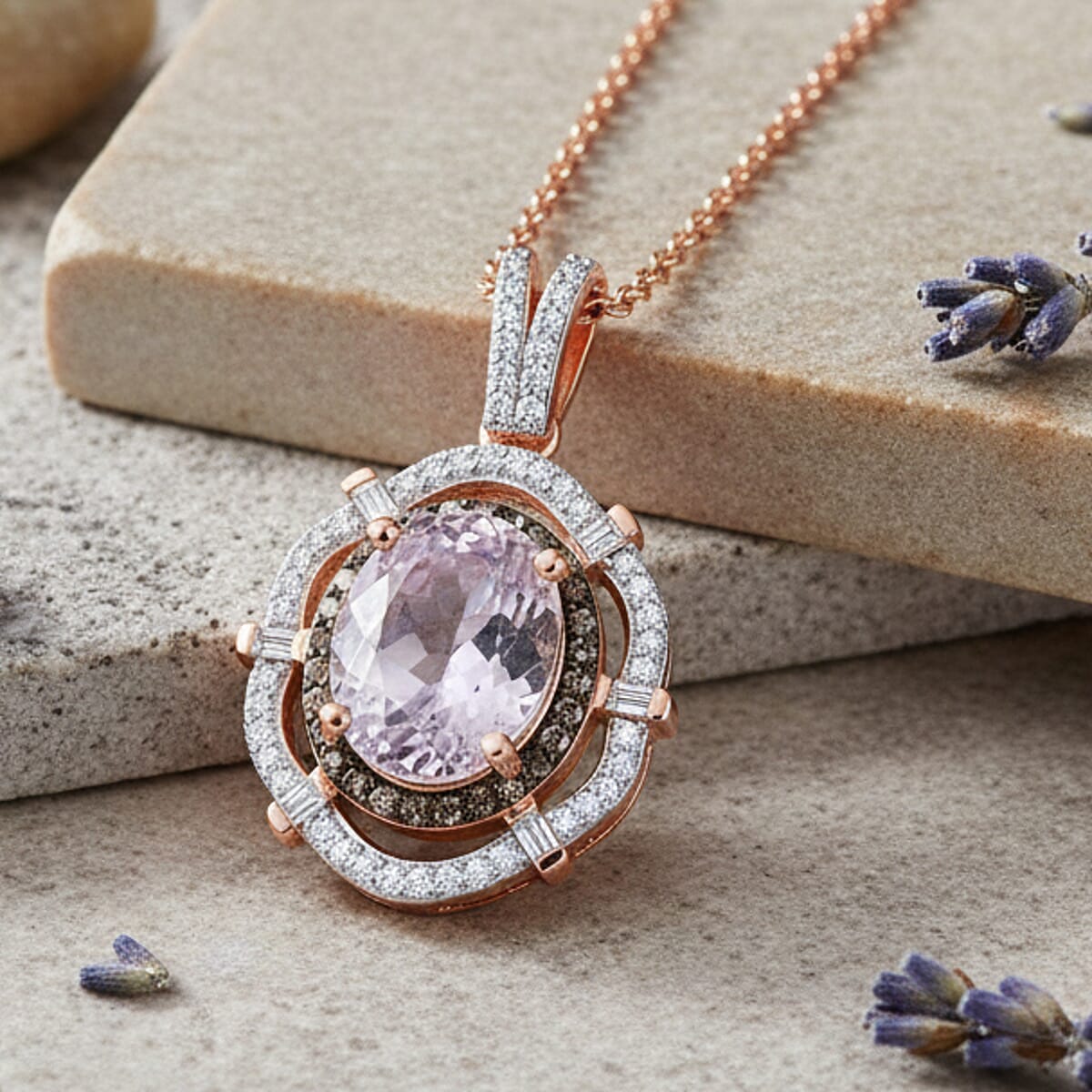 D'Joy Premium Martha Rocha Kunzite, Natural Diamond Radial Architecture Pendant Necklace in 18K Vermeil RG Over Sterling Silver 4.00 ctw (20 Inches) image number 1