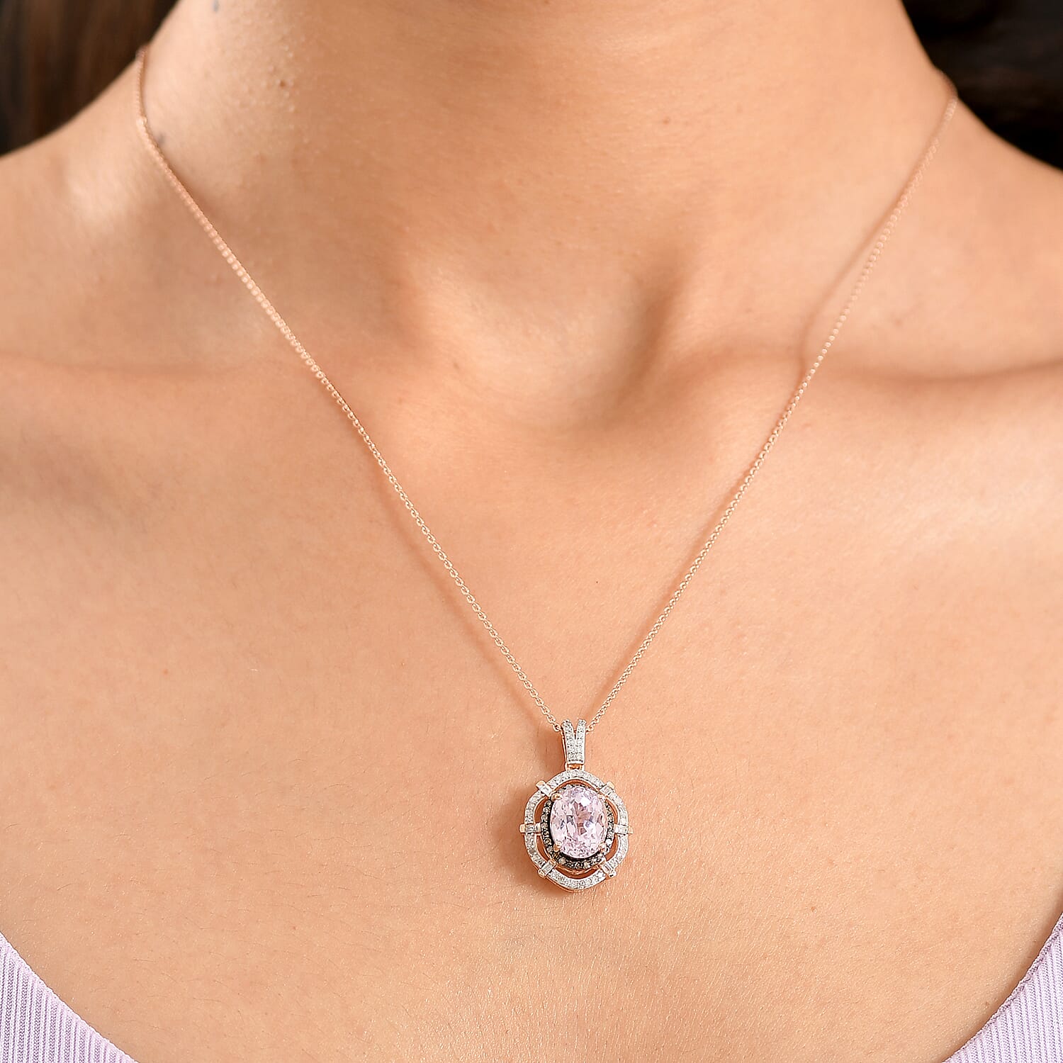 D'Joy Premium Martha Rocha Kunzite, Natural Diamond Radial Architecture Pendant Necklace in 18K Vermeil RG Over Sterling Silver 4.00 ctw (20 Inches)