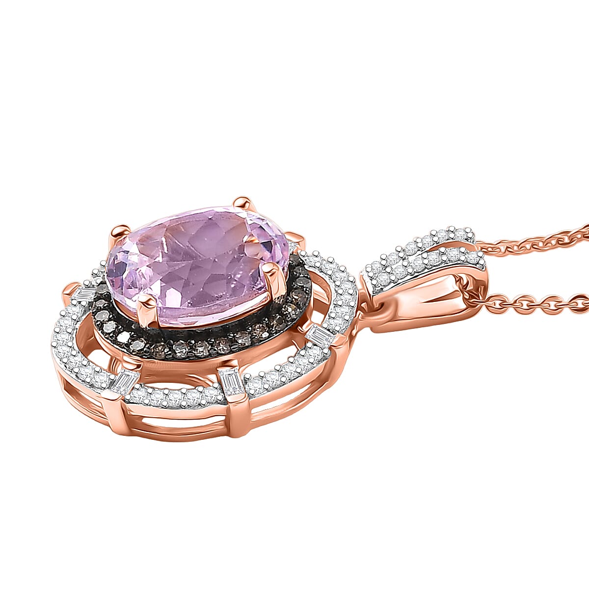 D'Joy Premium Martha Rocha Kunzite, Natural Diamond Radial Architecture Pendant Necklace in 18K Vermeil RG Over Sterling Silver 4.00 ctw (20 Inches)