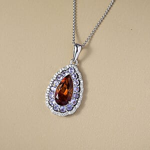 D'Joy Premium Red Citrine and Multi Gemstone 4.00 ctw Twilight Flame Pendant Necklace in Rhodium Over Sterling Silver 20 Inches