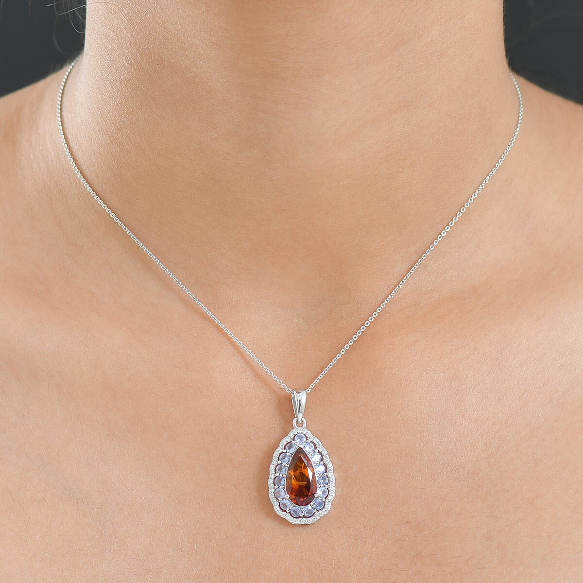 D'Joy Premium Red Citrine and Multi Gemstone 4.00 ctw Twilight Flame Pendant Necklace in Rhodium Over Sterling Silver 20 Inches image number 2