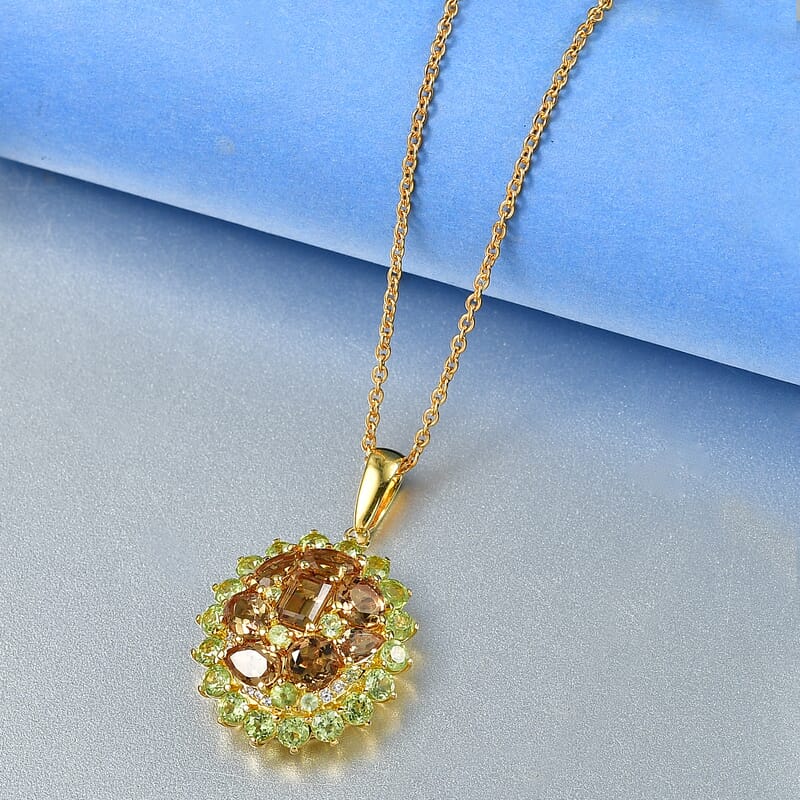 EverTrue Autumn Alexite and Multi Gemstone 6.80 ctw Golden Verdant Bloom Pendant in 18K YG Plated with ION Plated YG Stainless Steel Necklace 20 Inches