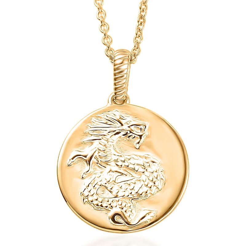 EverTrue Bronzella Collection Dragon Coin Pendant in 18K YG Plated Bronze with ION Plated Yellow Gold Stainless Steel Necklace 20 Inches
