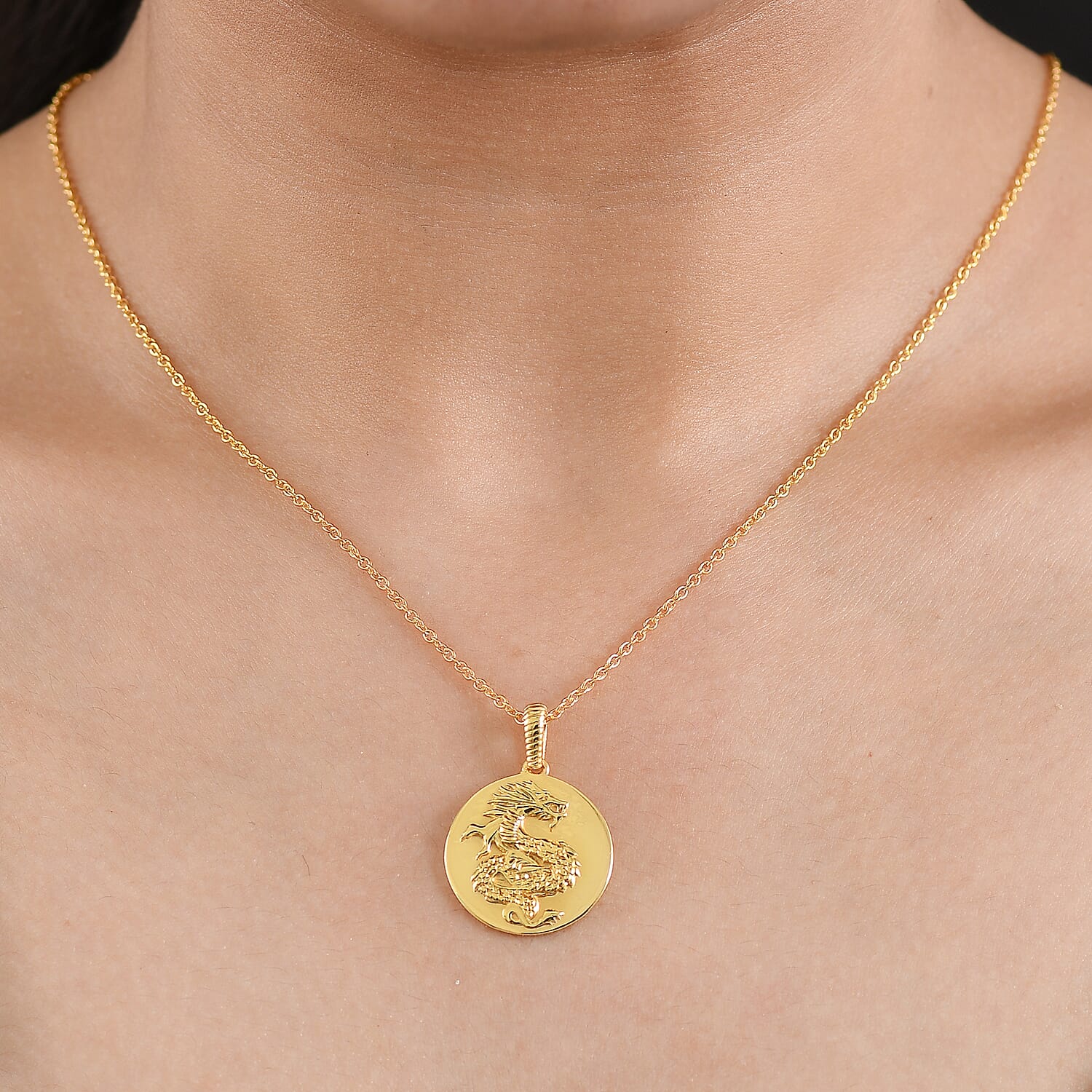 EverTrue Bronzella Collection Dragon Coin Pendant in 18K YG Plated Bronze with ION Plated Yellow Gold Stainless Steel Necklace 20 Inches