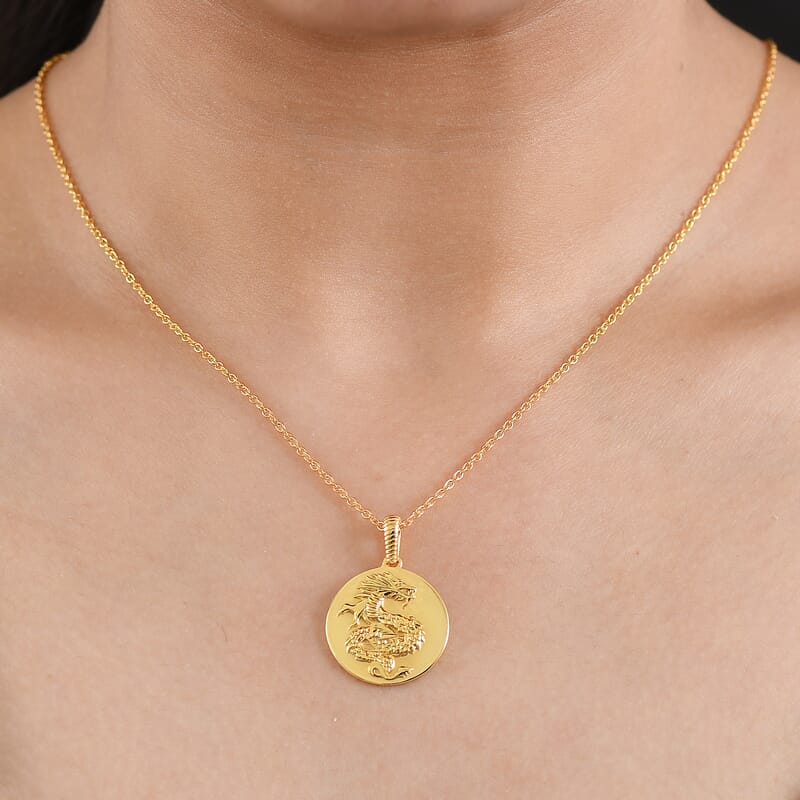 EverTrue Bronzella Collection Dragon Coin Pendant in 18K YG Plated Bronze with ION Plated Yellow Gold Stainless Steel Necklace 20 Inches