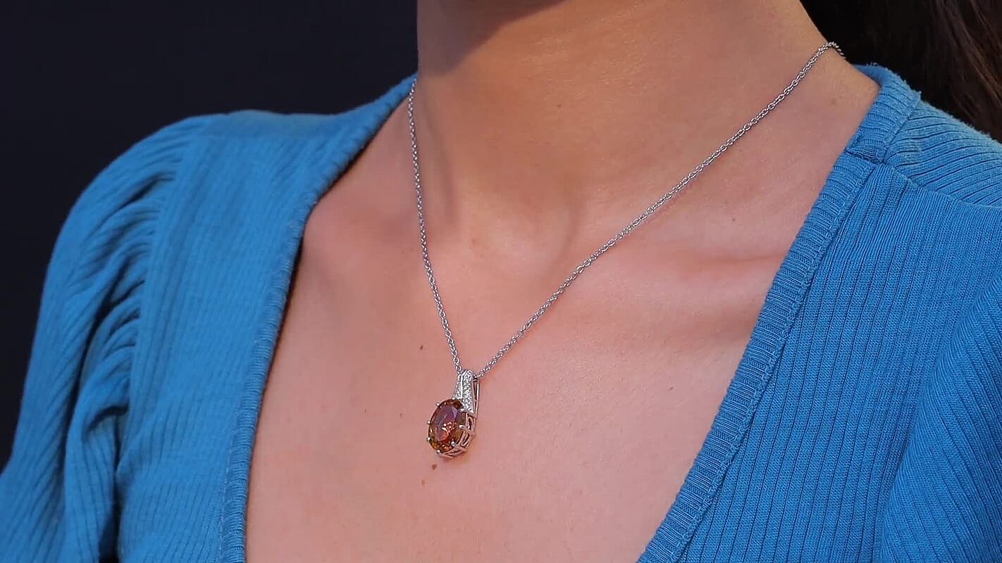 EverTrue Autumn Alexite and White Zircon 7.75 ctw Art Deco Pendant in Platinum Bond with Stainless Steel Necklace 20 Inches
