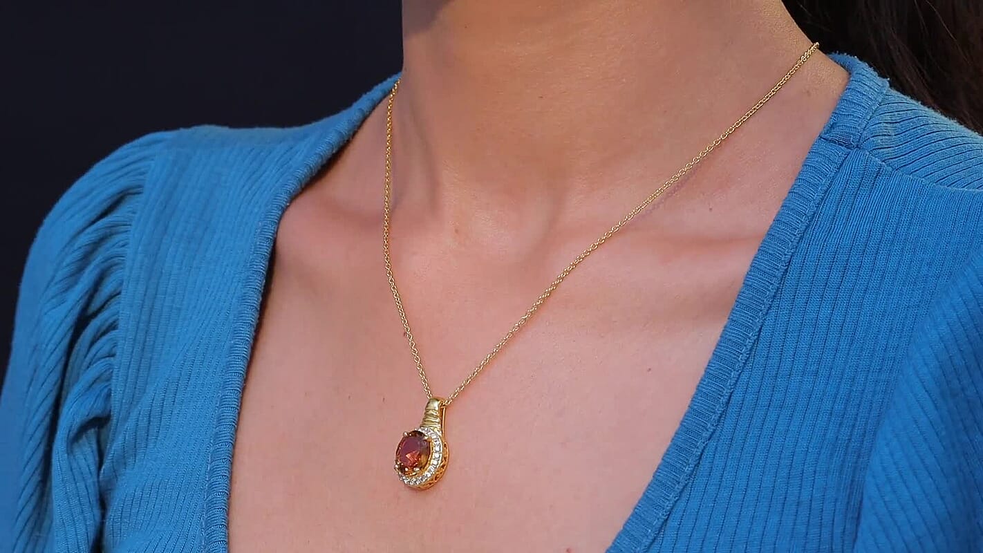 EverTrue Autumn Alexite, White Zircon Halo Pendant in 18K YG Plated with ION Plated YG Stainless Steel Necklace 5.40 ctw (20 Inches)