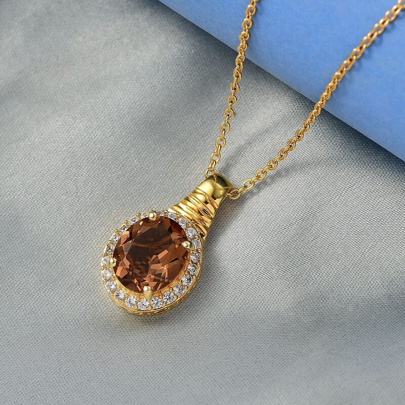 EverTrue Autumn Alexite, White Zircon Halo Pendant in 18K YG Plated with ION Plated YG Stainless Steel Necklace 5.40 ctw (20 Inches)