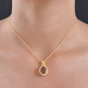 EverTrue Autumn Alexite, White Zircon Halo Pendant in 18K YG Plated with ION Plated YG Stainless Steel Necklace 5.40 ctw (20 Inches)
