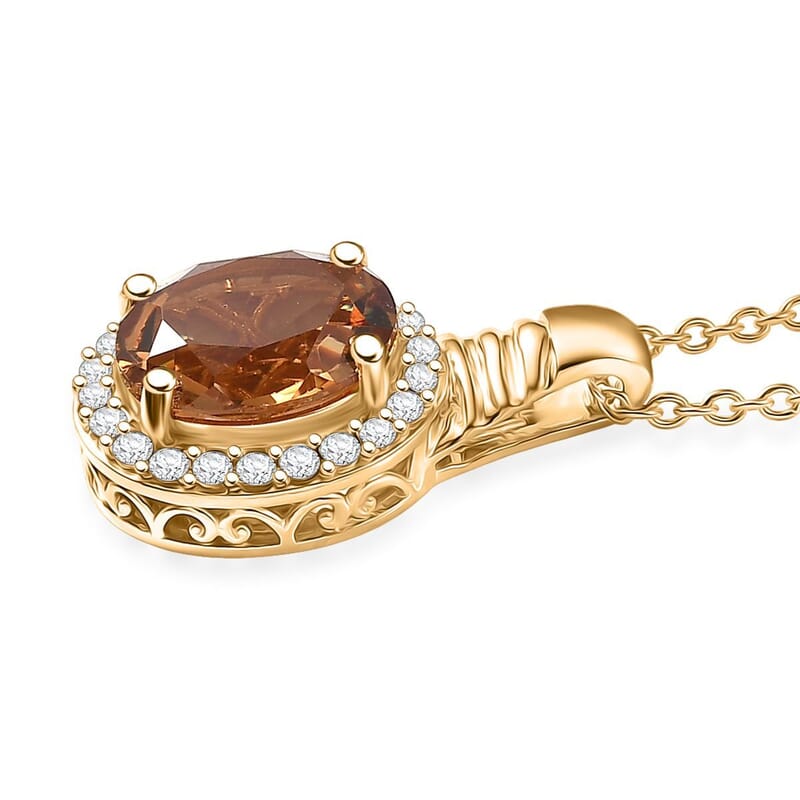 EverTrue Autumn Alexite, White Zircon Halo Pendant in 18K YG Plated with ION Plated YG Stainless Steel Necklace 5.40 ctw (20 Inches)
