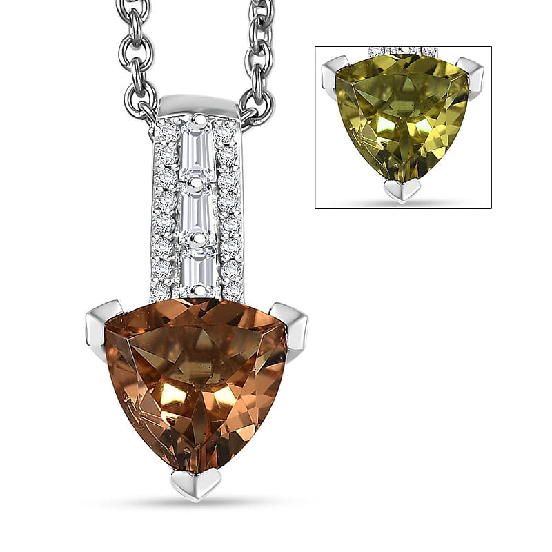 EverTrue Golden Fall Autumn Alexite, White Zircon Art Deco Pendant in Platinum Bond with Stainless Steel Necklace 2.00 ctw (20 Inches)