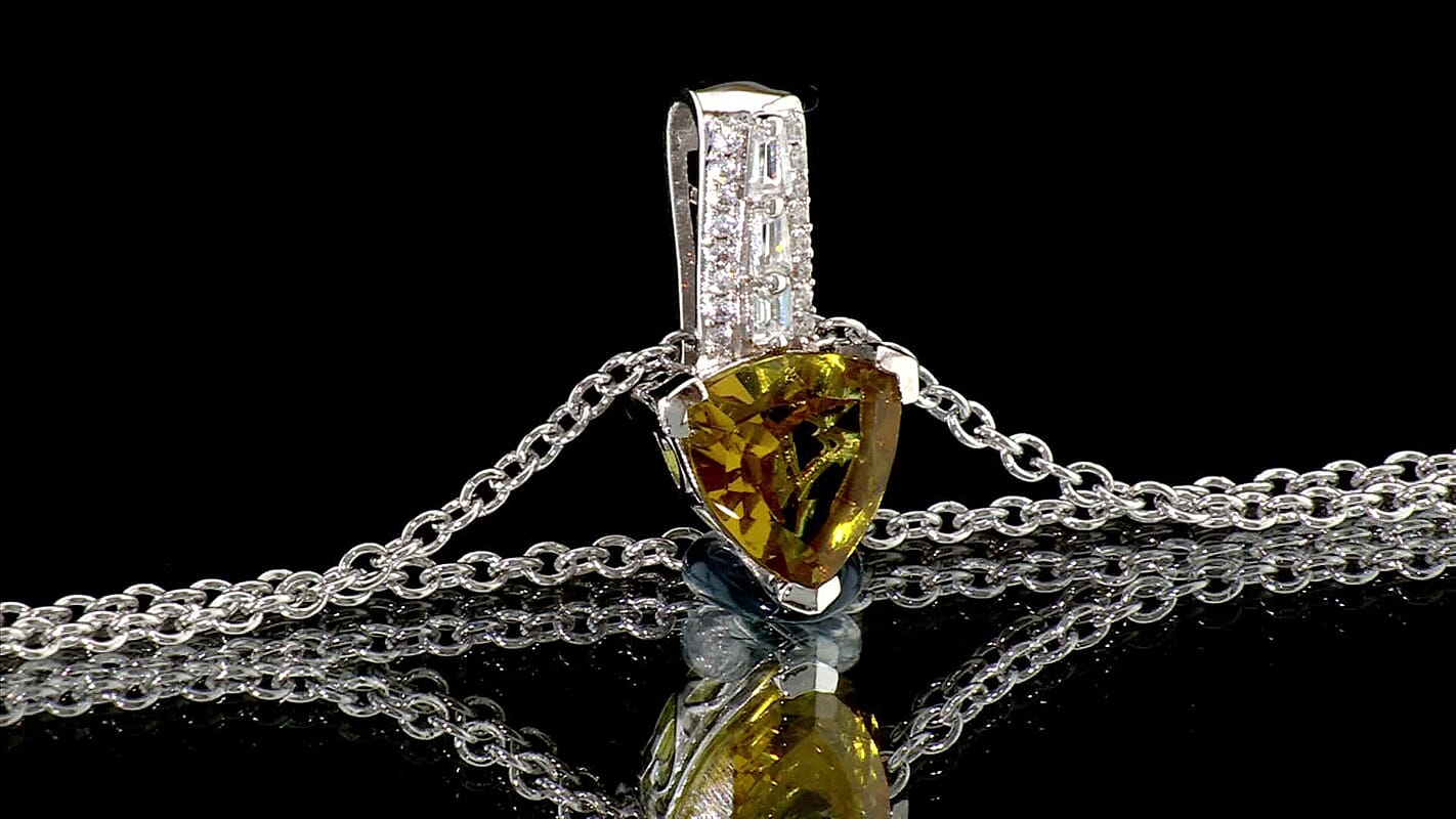 EverTrue Golden Fall Autumn Alexite, White Zircon Art Deco Pendant in Platinum Bond with Stainless Steel Necklace 2.00 ctw (20 Inches)