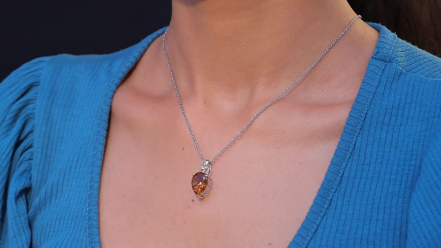 EverTrue Autumn Alexite, Multi Gemstone 5.35 ctw Autumn Leaf Pendant in Platinum Bond with Stainless Steel Necklace 20 Inches