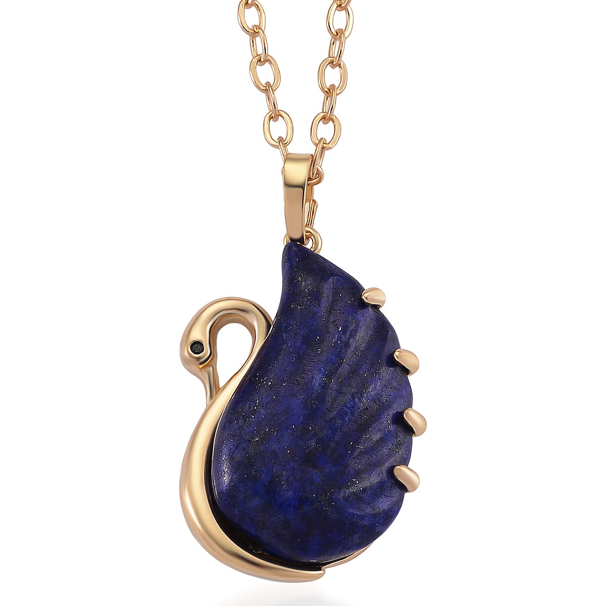 Lapis Lazuli, Simulated Black Diamond 25.00 ctw Carved Swan Pendant Necklace in Goldtone 20 Inches image number 0